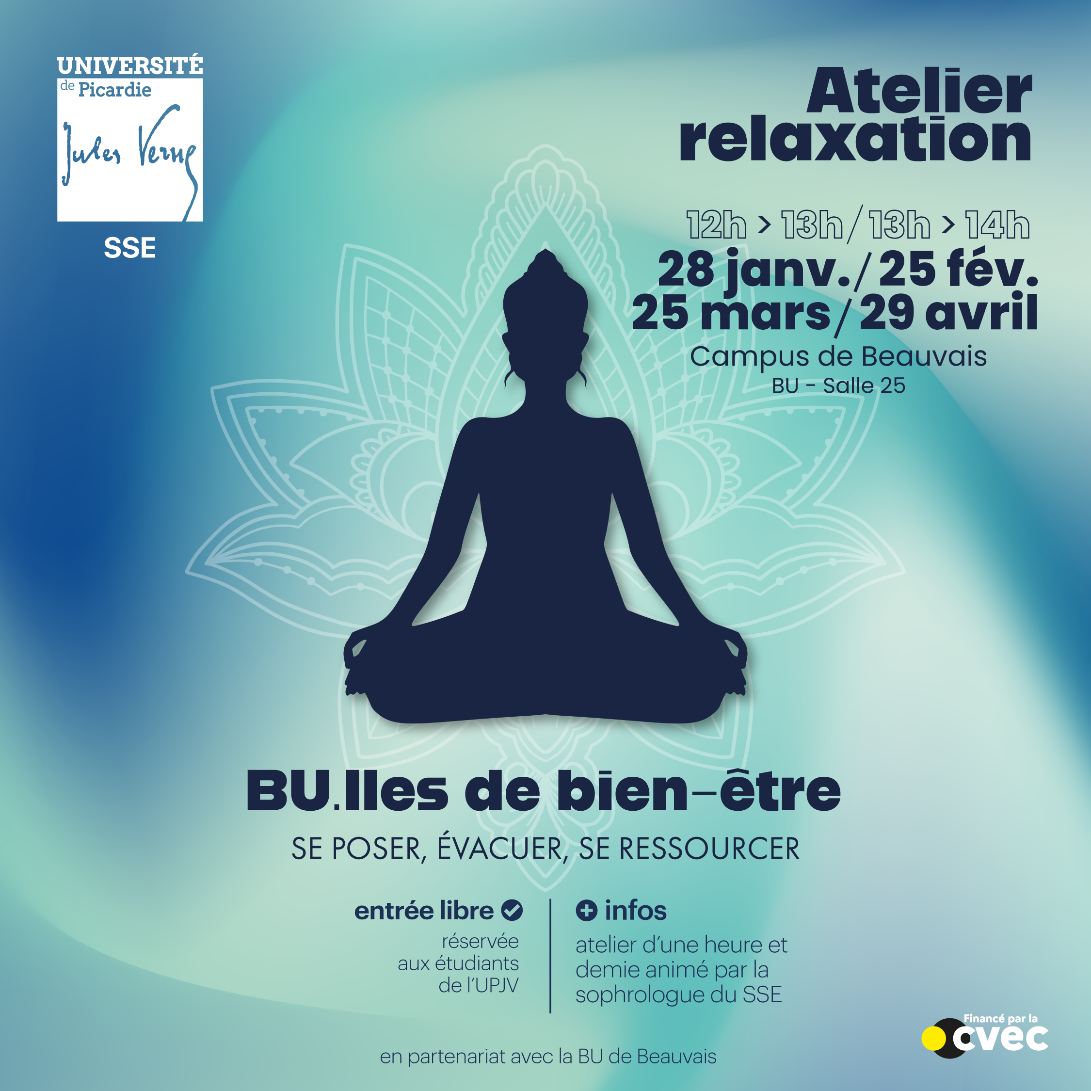 ❓ C'est quoi ?
Viens découvrir la Sophrologie et offre toi un temps de relaxation entre tes cours. Animé par la sophrologue d